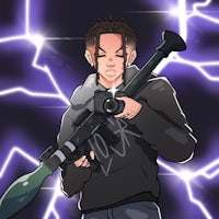 a man holding a gun in front of a lightning storm