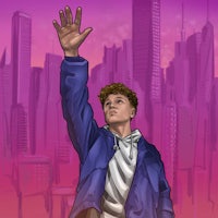 an illustration of a young man waving his hand in front of a city